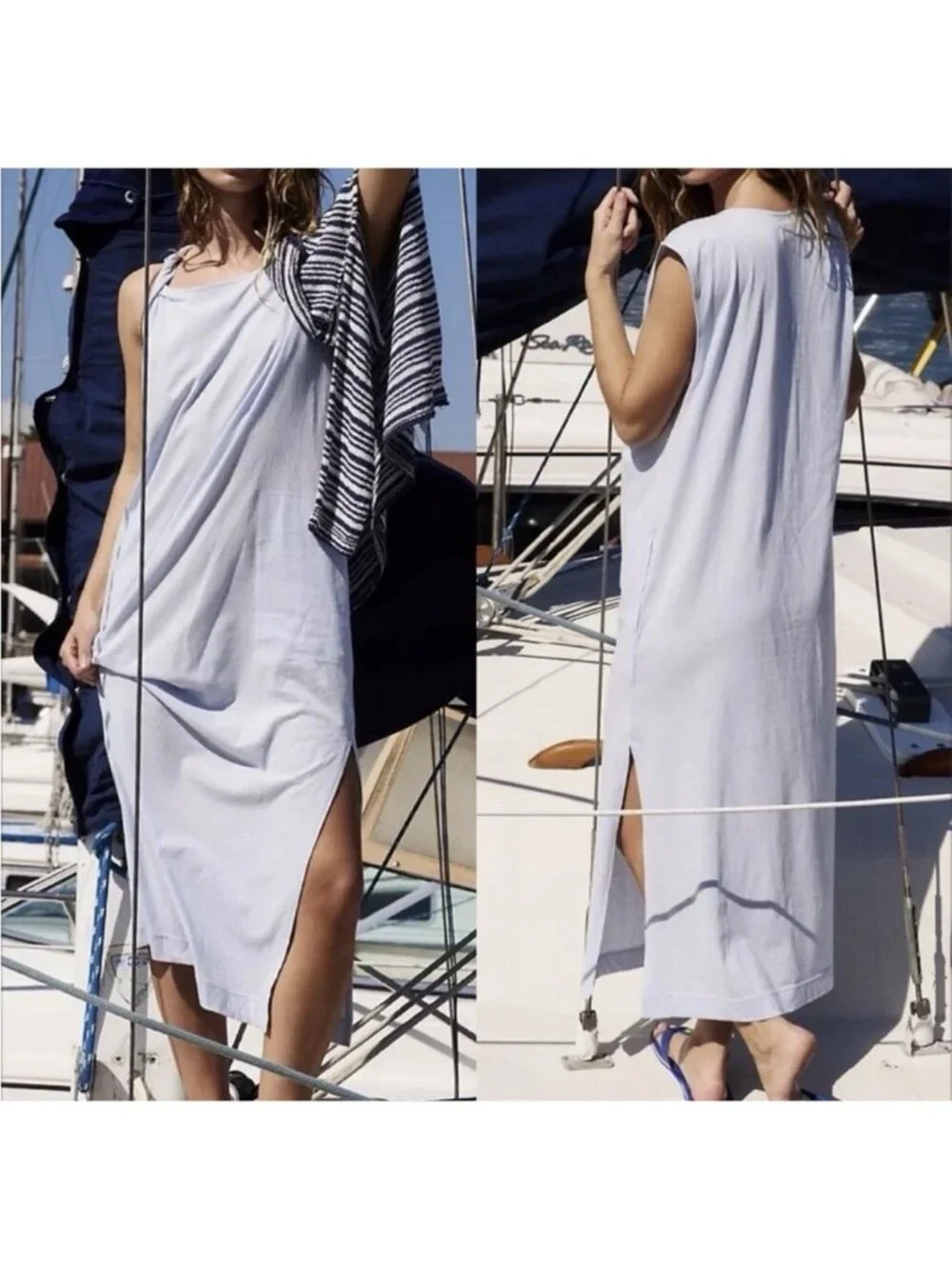 Free People FP Beach Drew Midi Twisted Sleeve Cotton Dress Xenon Blue BOHO Sz S